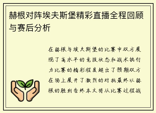 赫根对阵埃夫斯堡精彩直播全程回顾与赛后分析